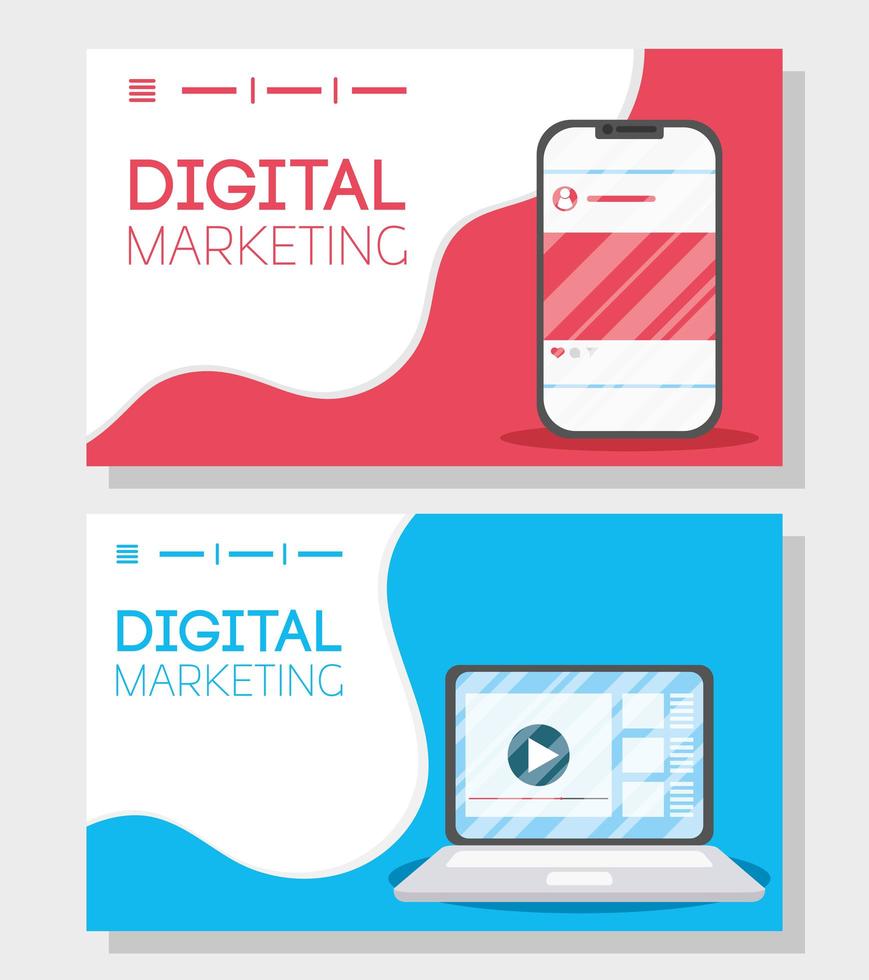 banner di marketing digitale impostato con laptop e smartphone vettore