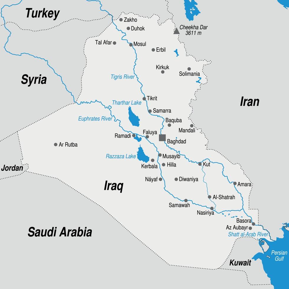 politico carta geografica di il repubblica di Iraq con il maggior parte importante città segnato nel grigio e blu toni. vettore