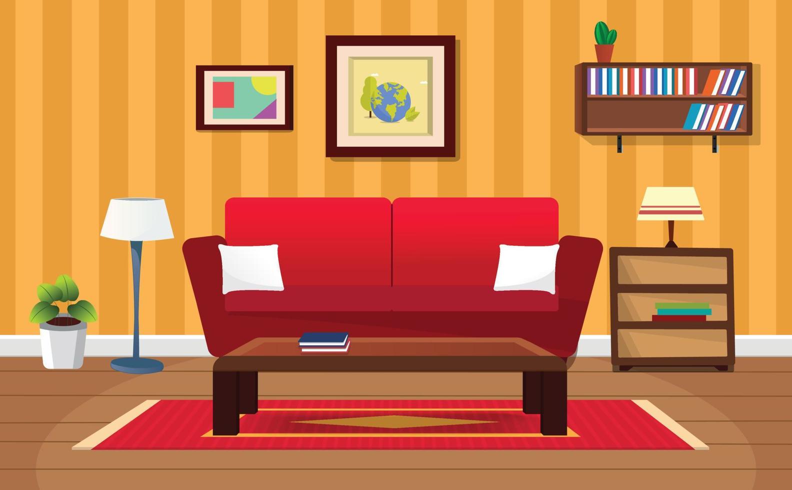 vettore cartone animato vivente camera interno con divano, tavolo, pianta della casa, lampada.