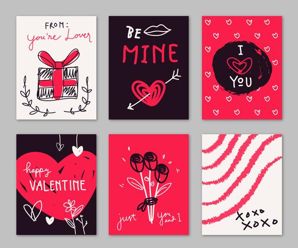 Raccolta disegnata a mano di rosso e nero Valentine Card Doodle vettore