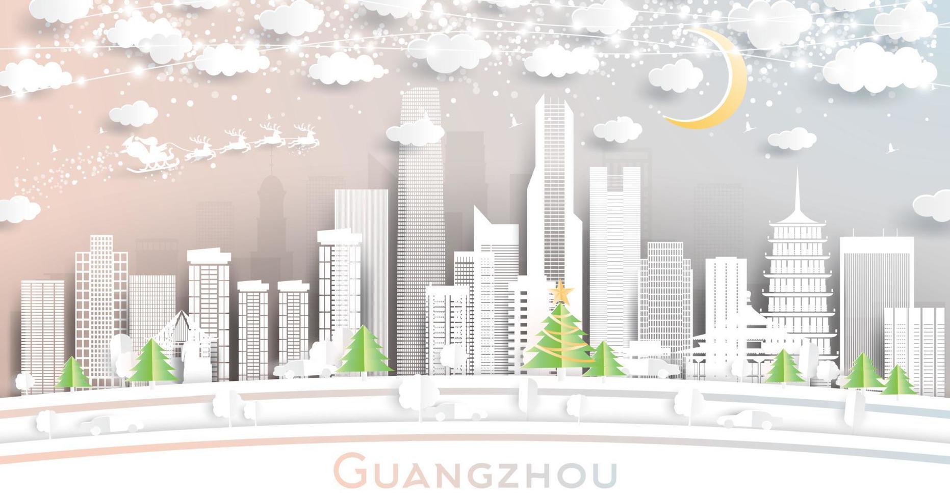 Guangzhou Cina città orizzonte nel carta tagliare stile con fiocchi di neve, Luna e neon ghirlanda. vettore