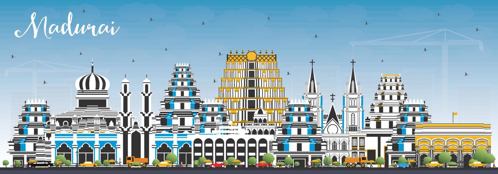 madurai India città orizzonte con colore edifici e blu cielo. vettore
