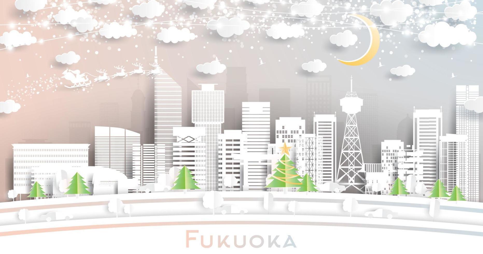 fukuoka Giappone città orizzonte nel carta tagliare stile con fiocchi di neve, Luna e neon ghirlanda. vettore