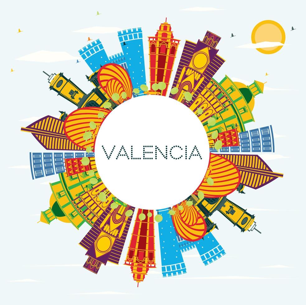 valencia Spagna città orizzonte con colore edifici, blu cielo e copia spazio. vettore