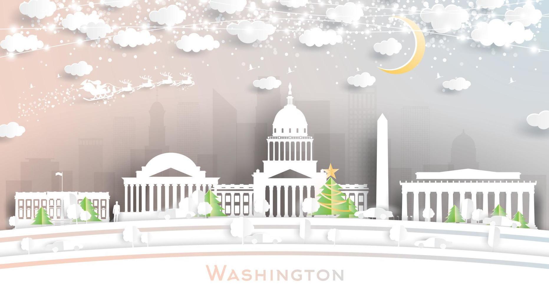 Washington dc Stati Uniti d'America città orizzonte nel carta tagliare stile con fiocchi di neve, Luna e neon ghirlanda. vettore