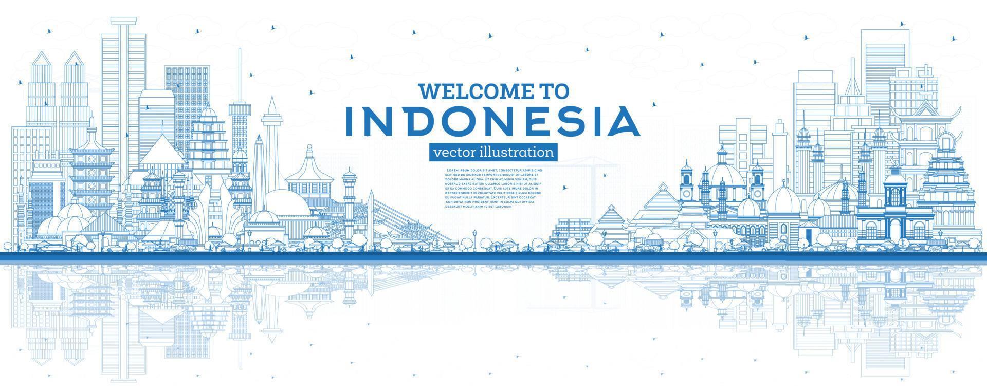 schema benvenuto per Indonesia orizzonte con blu edifici e riflessi. vettore