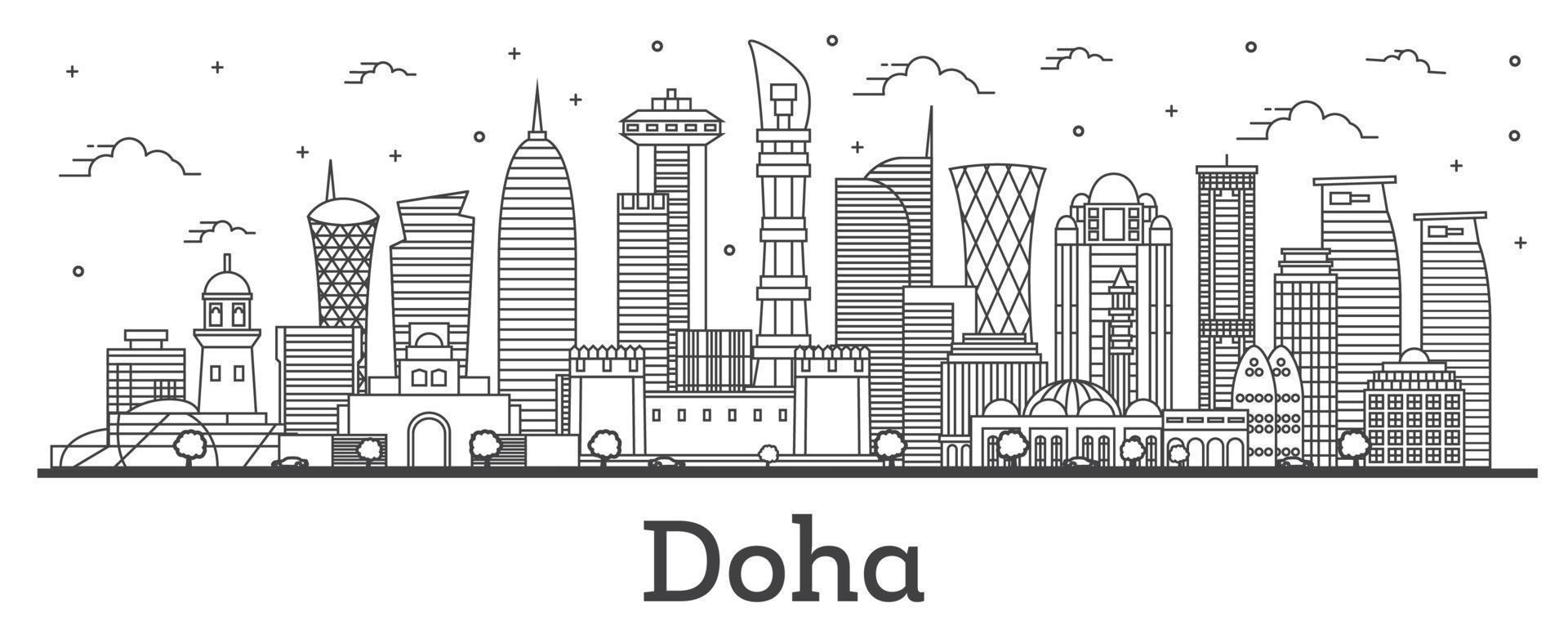 schema doha Qatar città orizzonte con moderno edifici isolato su bianca. vettore