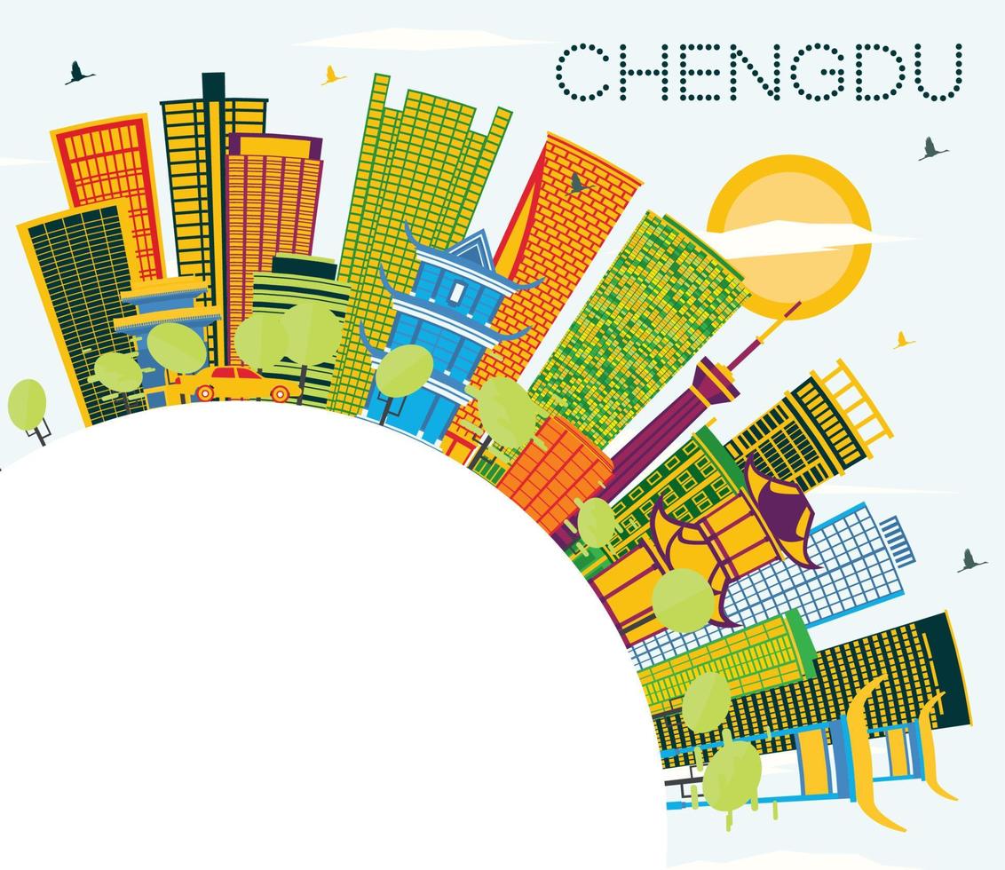 Chengdu Cina città orizzonte con colore edifici, blu cielo e copia spazio. vettore