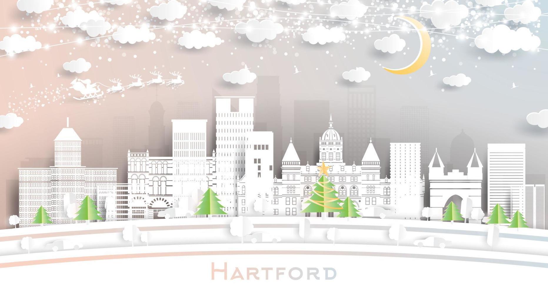 Hartford Connecticut Stati Uniti d'America città orizzonte nel carta tagliare stile con fiocchi di neve, Luna e neon ghirlanda. vettore