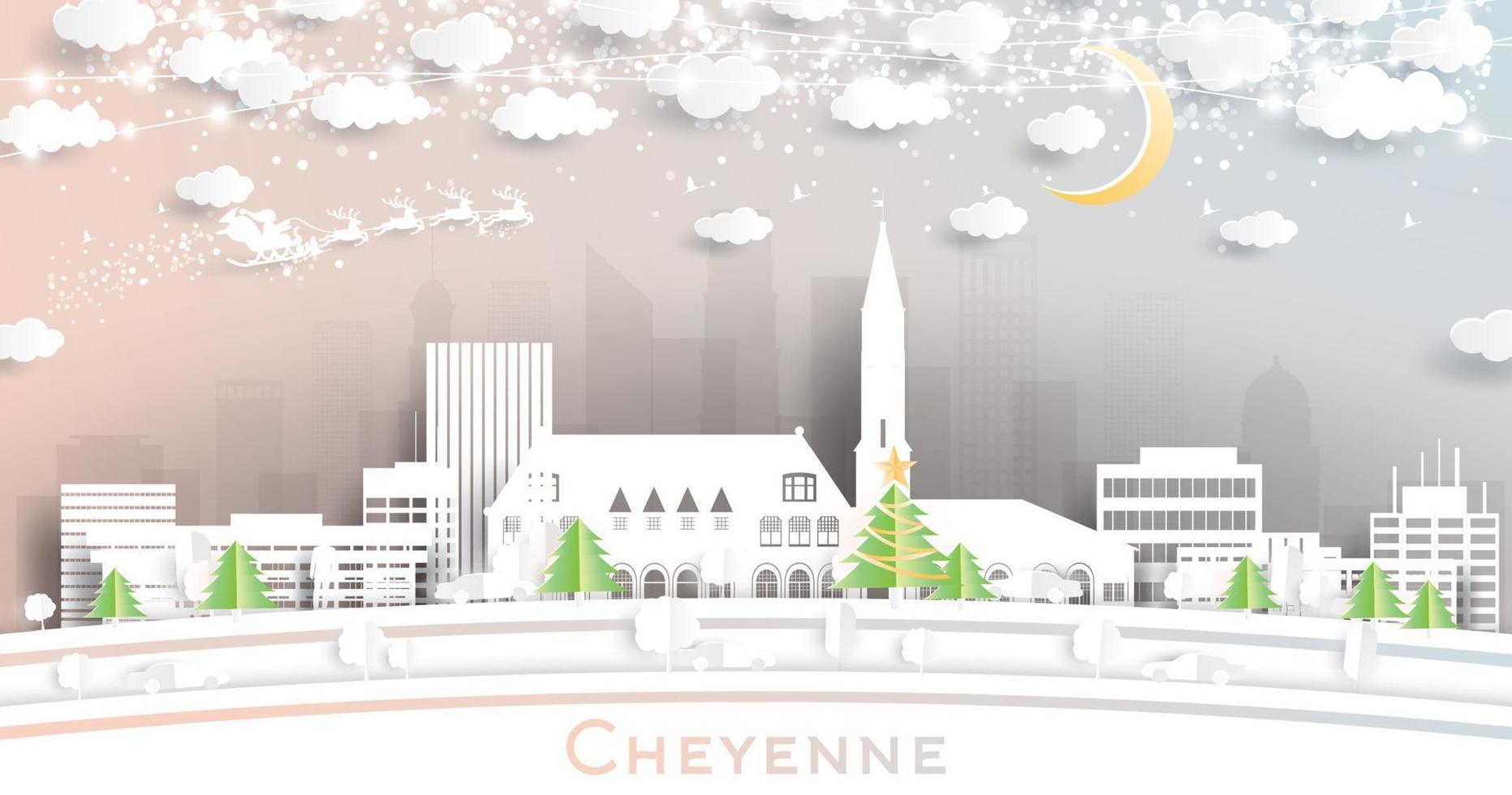 cheyenne Wyoming Stati Uniti d'America città orizzonte nel carta tagliare stile con fiocchi di neve, Luna e neon ghirlanda. vettore
