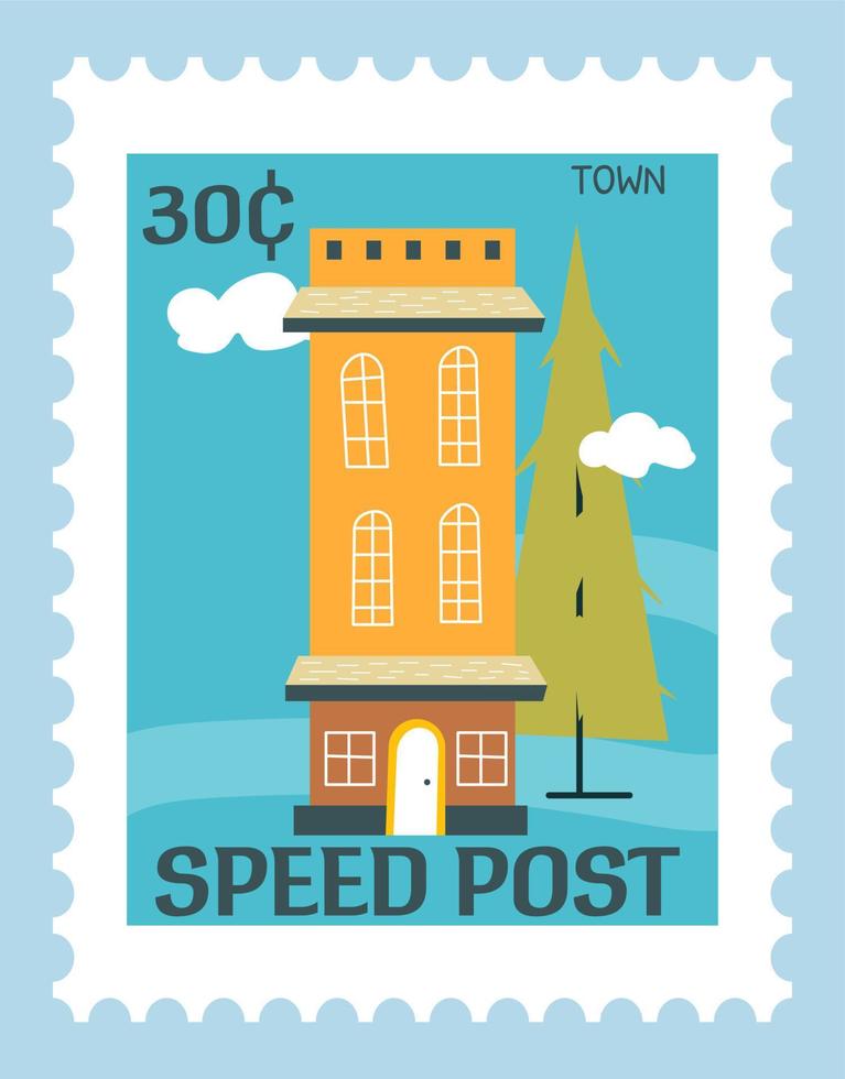 timbro postale con architettura costruzione, cartolina vettore