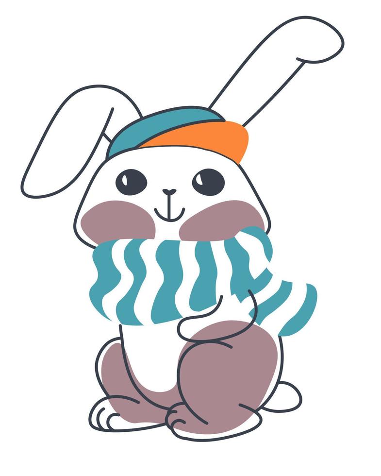 piccolo coniglio indossare maglia sciarpa e cappello vettore