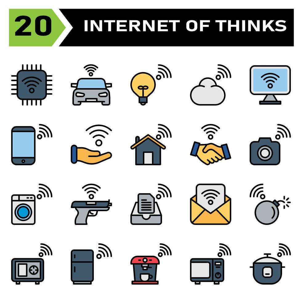 Internet di cose icona impostato includere patata fritta, Internet di le cose, processore, patata fritta impostare, macchina, inteligente macchina, lampada, nube, informatica, computer, desktop, Telefono, mobile, mano, collegamento, casa, Casa, contrarre vettore