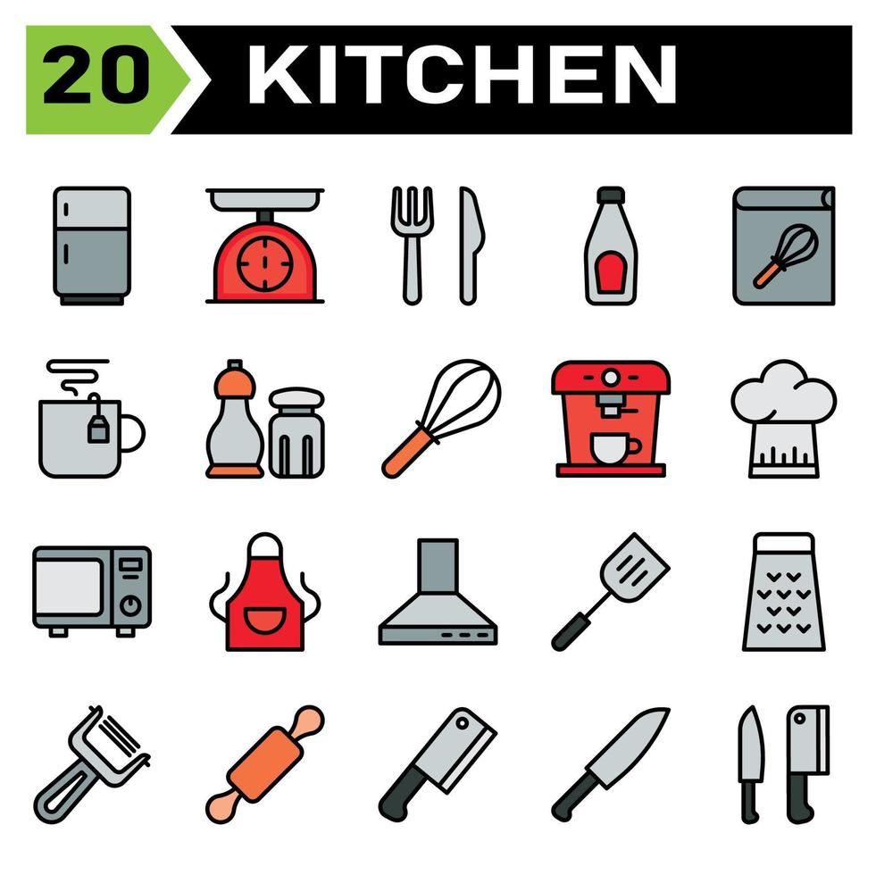 cucina attrezzatura icona impostato includere frigorifero, frangia, cucina, attrezzatura, bilancia, scala, il peso, forchetta, coltello, posate, bottiglia, salsa, pomodoro, ketchup, ricetta, prenotare, cucinare, libro di cucina, cucinando, caffè vettore