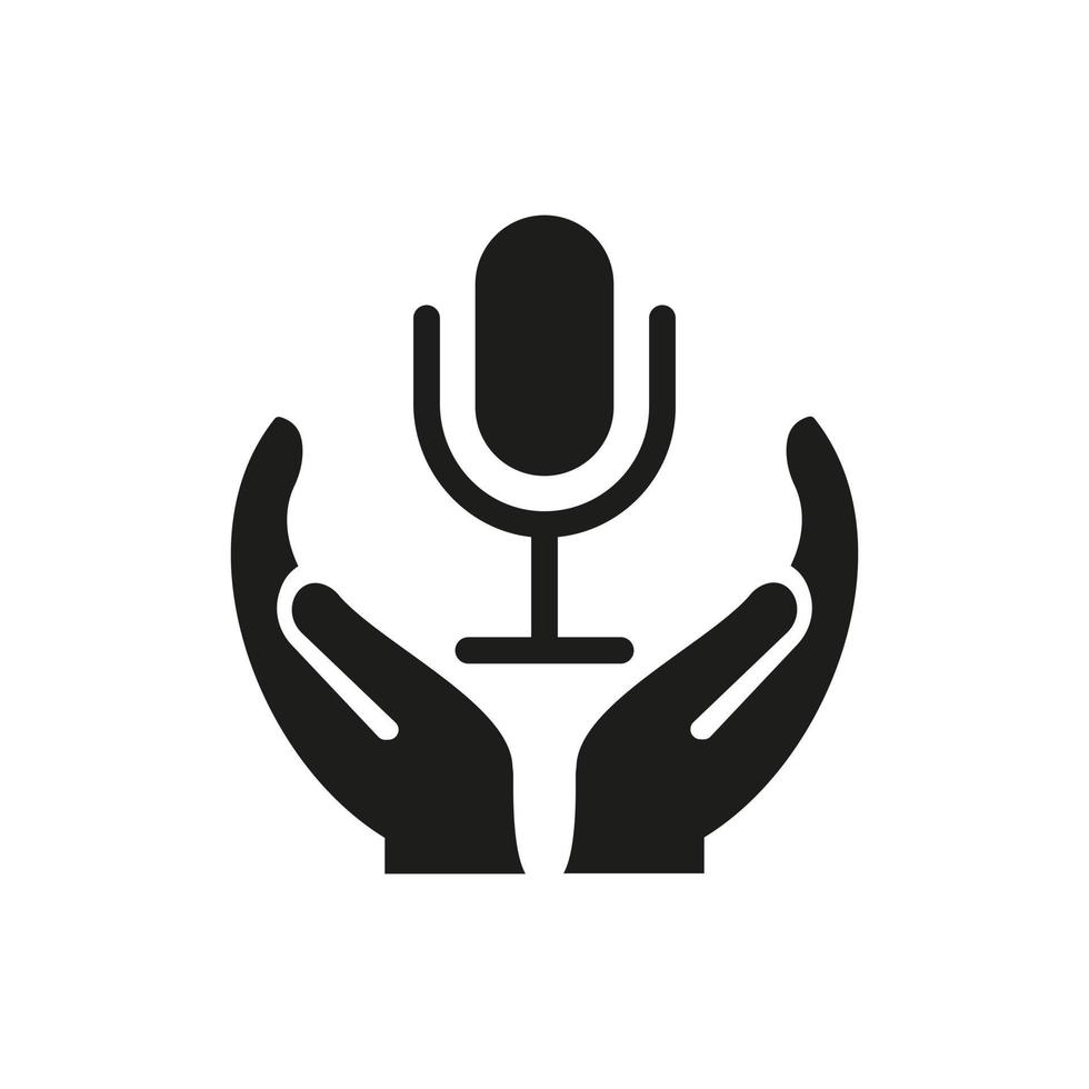 mano microfono logo design. microfono logo con mano concetto vettore. mano e microfono logo design vettore