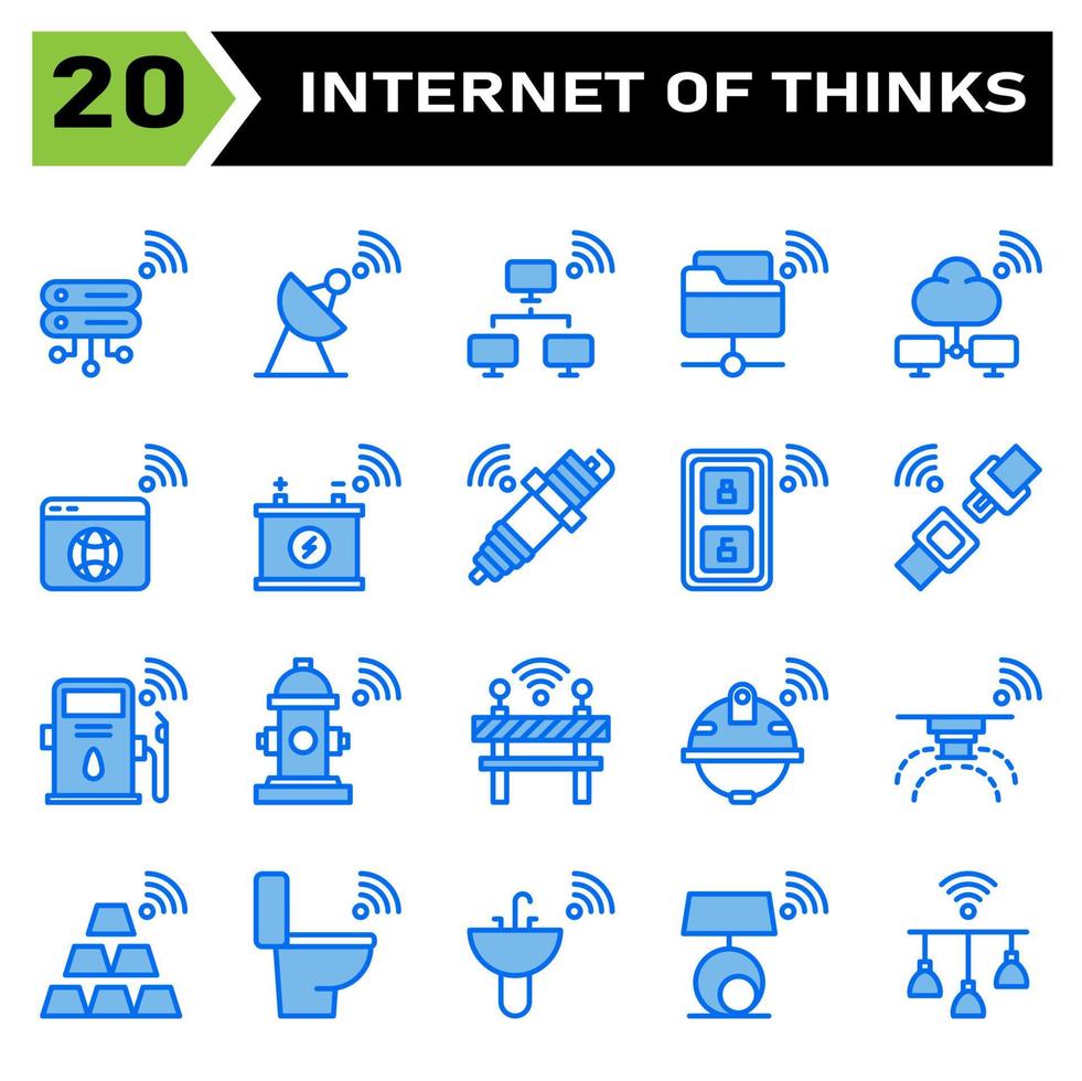 Internet di cose icona impostato includere server, Banca dati, Internet di le cose, satellitare, Rete, cartella, nube, browser, ragnatela, batteria, accumulatore, scintilla, tappo, chiave, a distanza, sicurezza, cintura, gas stazione vettore