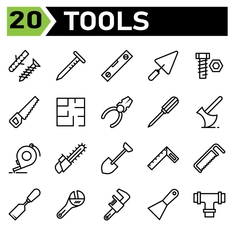 utensili costruzione icona impostato includere vite, se stesso toccando, bullone, se stesso fissaggio, costruzione, chiodo, Strumenti, falegname, costruzione, acqua passaggio, livello, pala, cazzuola, cemento, attrezzatura, lavoro, grassetto, strumento, sega vettore