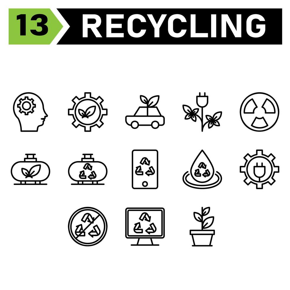 ecologia e riciclare icona impostato includere testa, Ingranaggio, ambiente, ecologia, riciclare, foglia, sostenibile, macchina, sciupare, veicolo, energia, elettrico, reattore, nucleare, potenza, industria, cisterna, eco, dispositivo, aggeggio vettore