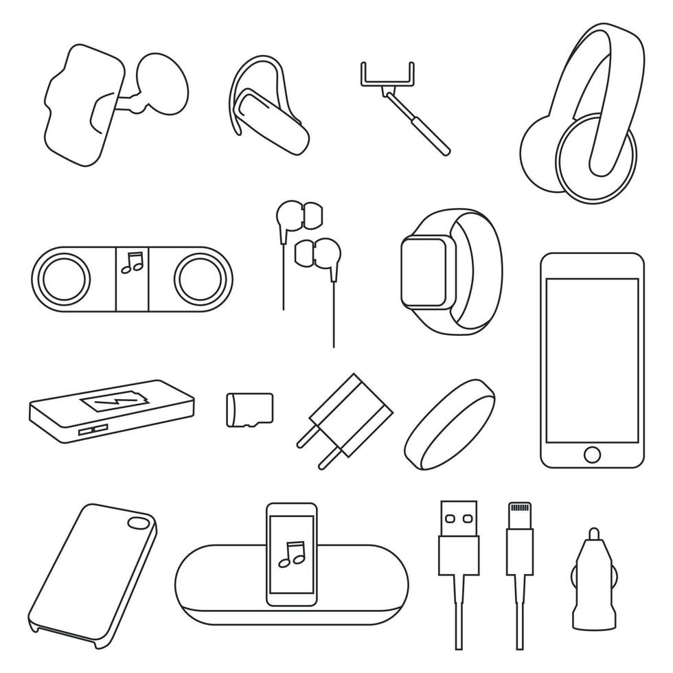impostato di icone su un' tema Accessori, forniture per mobile telefoni nel grigio colori vettore