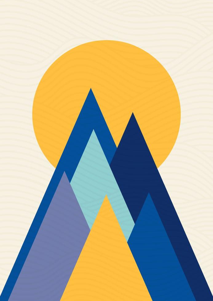 montagna strutturato paesaggio manifesto, colorato figli di camera arredamento. tramonto nel montagne vettore