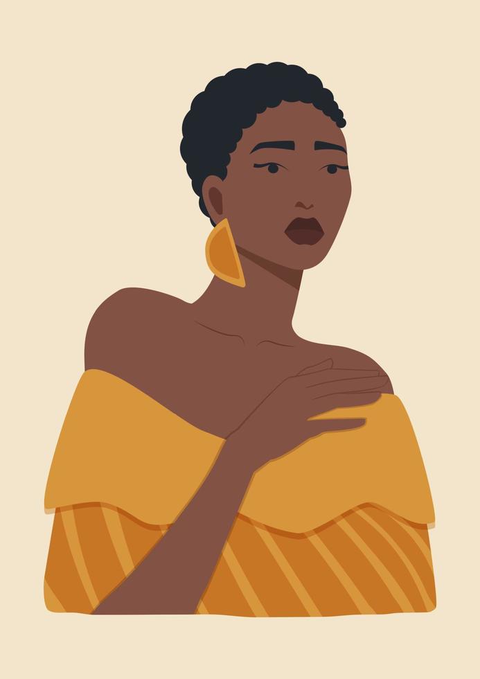 manifesto con giovane nero donna nel vestito illustrazione. diversità. piatto illustrazione. avatar per un' sociale Rete vettore