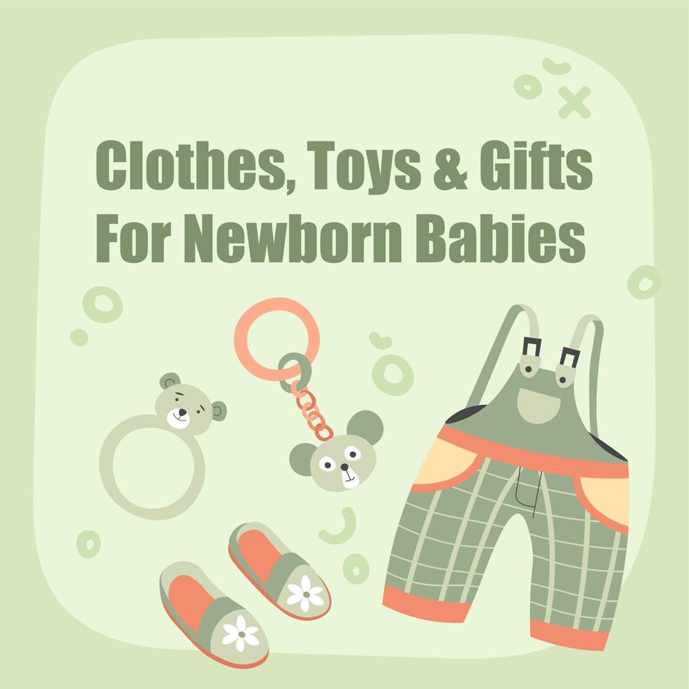 Abiti, giocattoli e i regali per neonato bambini bandiera vettore