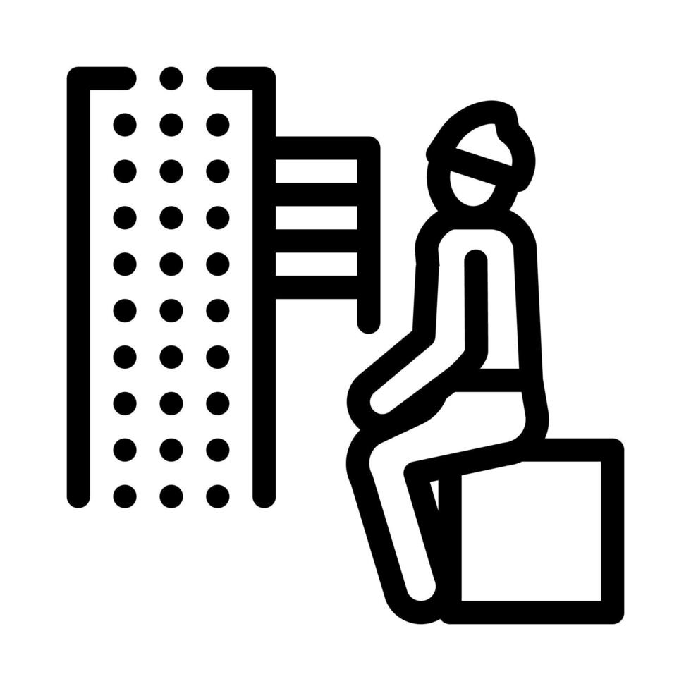 senza casa seduta su scatola nel città icona vettore schema illustrazione