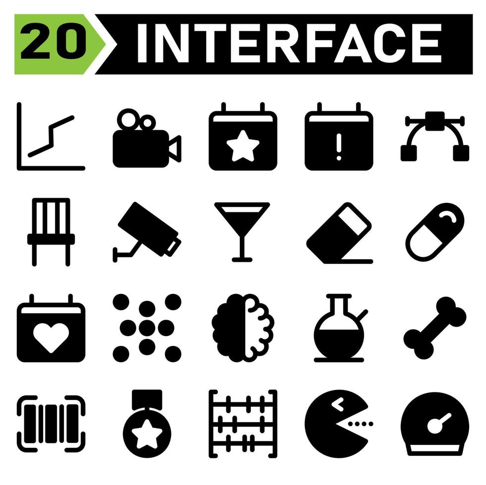 utente interfaccia icona impostato includere grafico, linea, su, diagramma, linea grafico, utente interfaccia, telecamera, film, film, video, calendario, stelle, evento, promemoria, utente interfaccia calendario, Informazioni, vettore, curva, design vettore