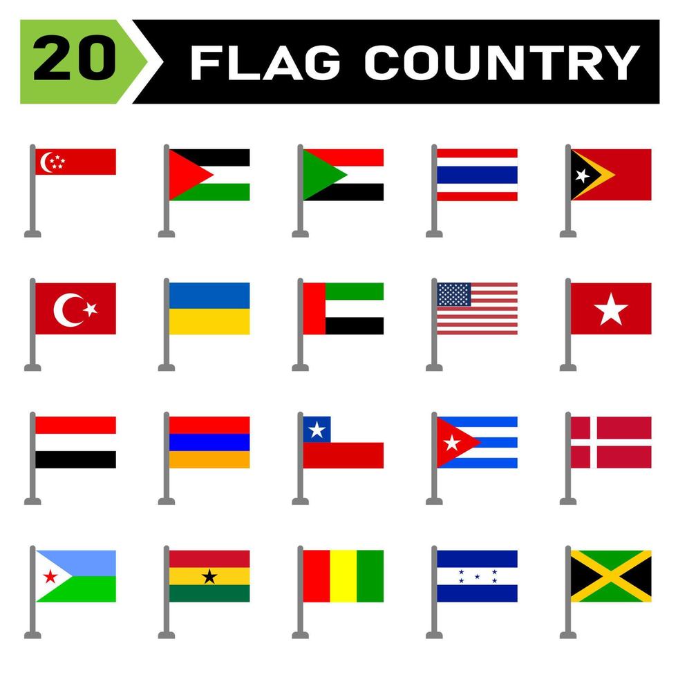 bandiera nazione icona impostato includere nazione, bandiera, simbolo, nazionale, viaggiare, illustrazione, nazione, icona, vettore, emblema, impostare, cartello, continente, internazionale, tutto, Singapore, Palestina, Sudan, thailandia,timor vettore