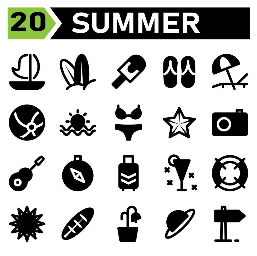 estate icona impostato includere andare in barca, barca, estate, nave, trasporto, vacanza, surfista, spiaggia, asse, ghiaccio crema, viaggio, viaggiare, pantofole, lettino solare, vacanza, ombrello, sfera, sport, tramonto, bikini, sexy vettore