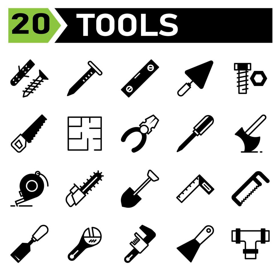 utensili costruzione icona impostato includere vite, se stesso toccando, bullone, se stesso fissaggio, costruzione, chiodo, Strumenti, falegname, costruzione, acqua passaggio, livello, pala, cazzuola, cemento, attrezzatura, lavoro, grassetto, strumento, sega vettore
