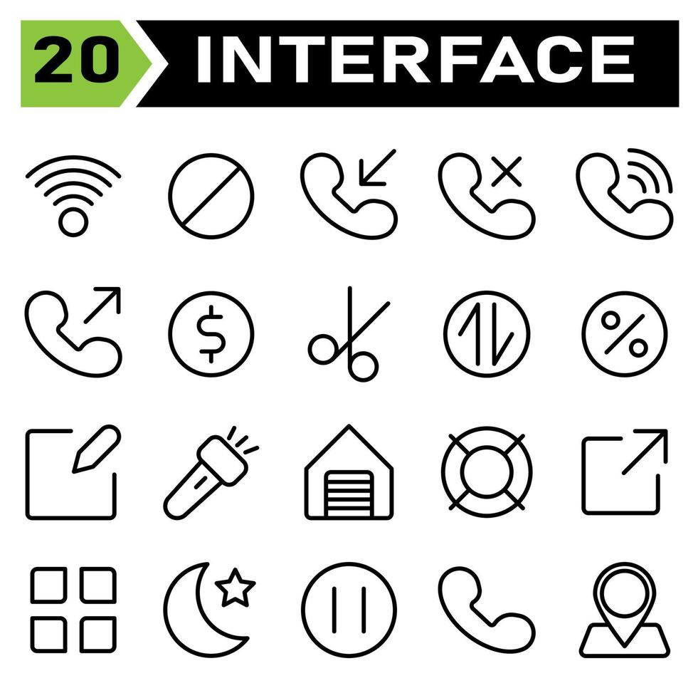 utente interfaccia icona impostato includere connessione, Internet, segnale, bloccare, bandire, fermare, cartello, utente interfaccia, chiamando, chiamata, Telefono, telefono, frecce, silenzioso, comunicazione, i soldi, moneta, pagamento, Contanti, dollaro vettore