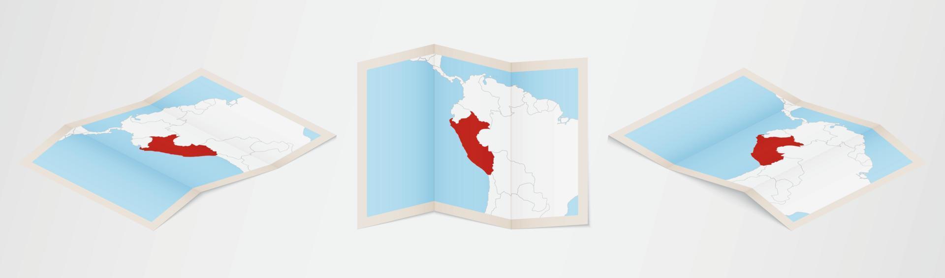 piegato carta geografica di Perù nel tre diverso versioni. vettore