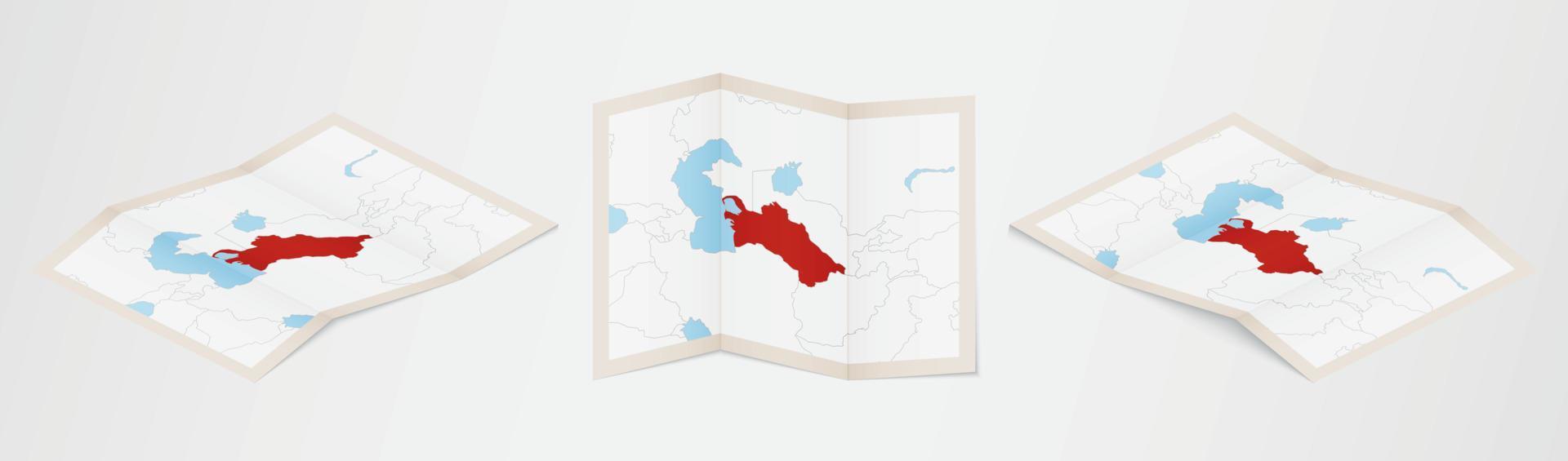 piegato carta geografica di turkmenistan nel tre diverso versioni. vettore