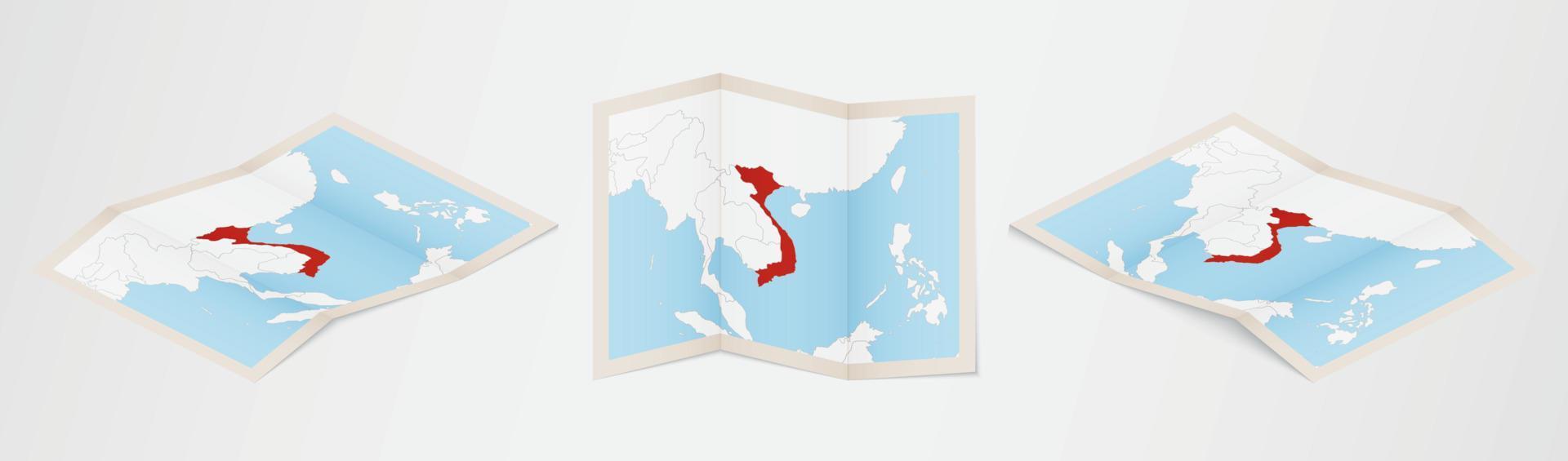 piegato carta geografica di Vietnam nel tre diverso versioni. vettore