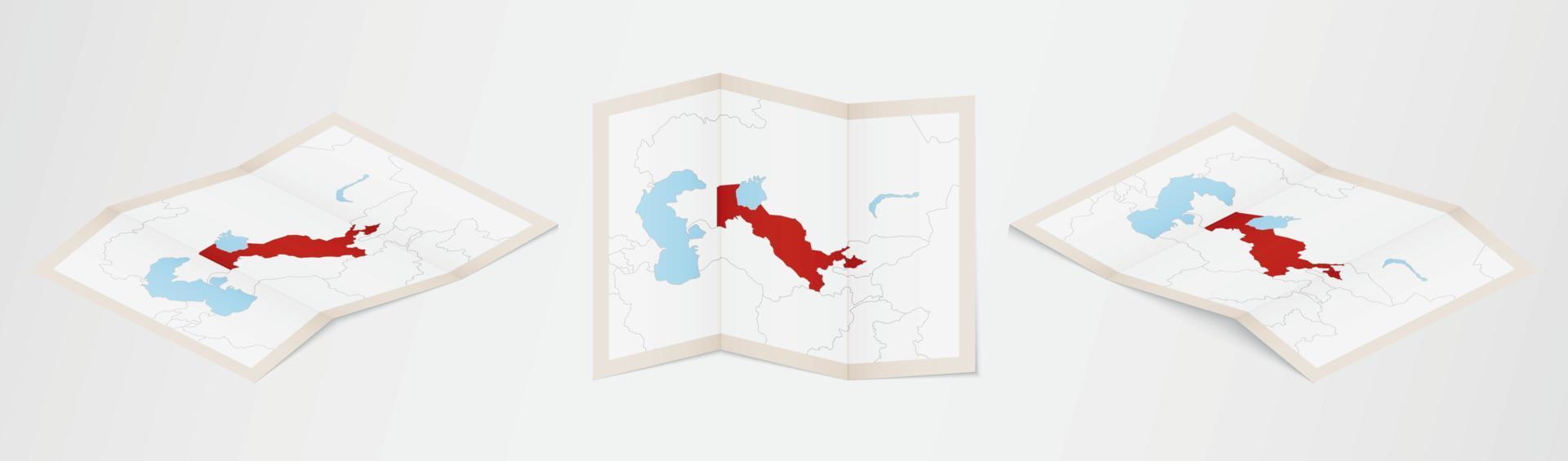 piegato carta geografica di Uzbekistan nel tre diverso versioni. vettore