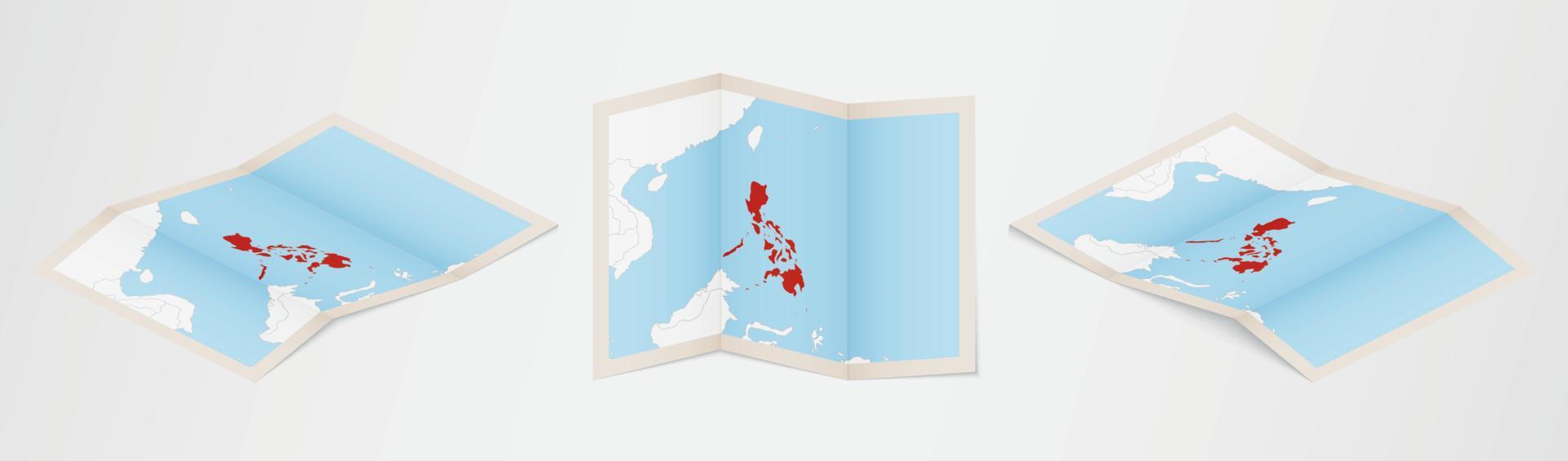 piegato carta geografica di Filippine nel tre diverso versioni. vettore