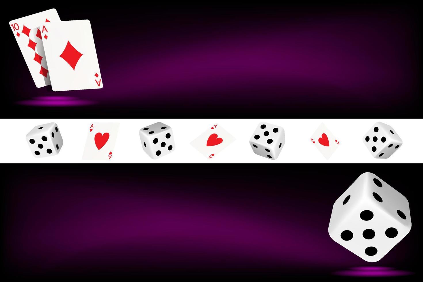 Due verticale banner con giocando carte, dado e patatine fritte su un' buio viola sfondo. il concetto di gioco d'azzardo, in linea casinò. vettore Immagine