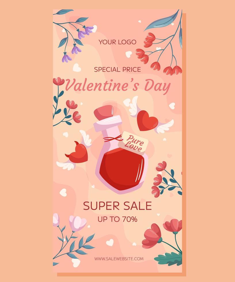 San Valentino giorno verticale super vendita bandiera modello design. amore pozione bottiglia Due cuore con Ali demone e angelo, fiore telaio su beige Indietro. speciale prezzo concetto in linea shopping vettore