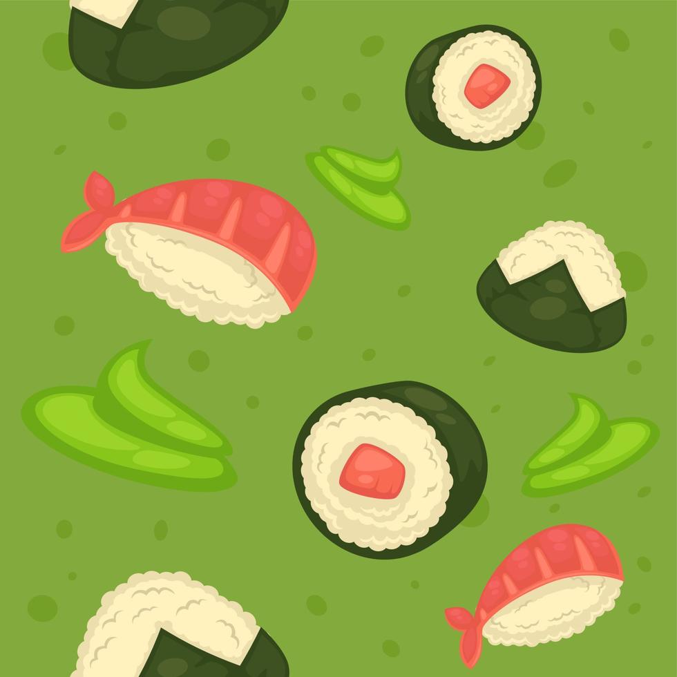 Sushi e onigiri, asiatico cucina e pesce piatti vettore