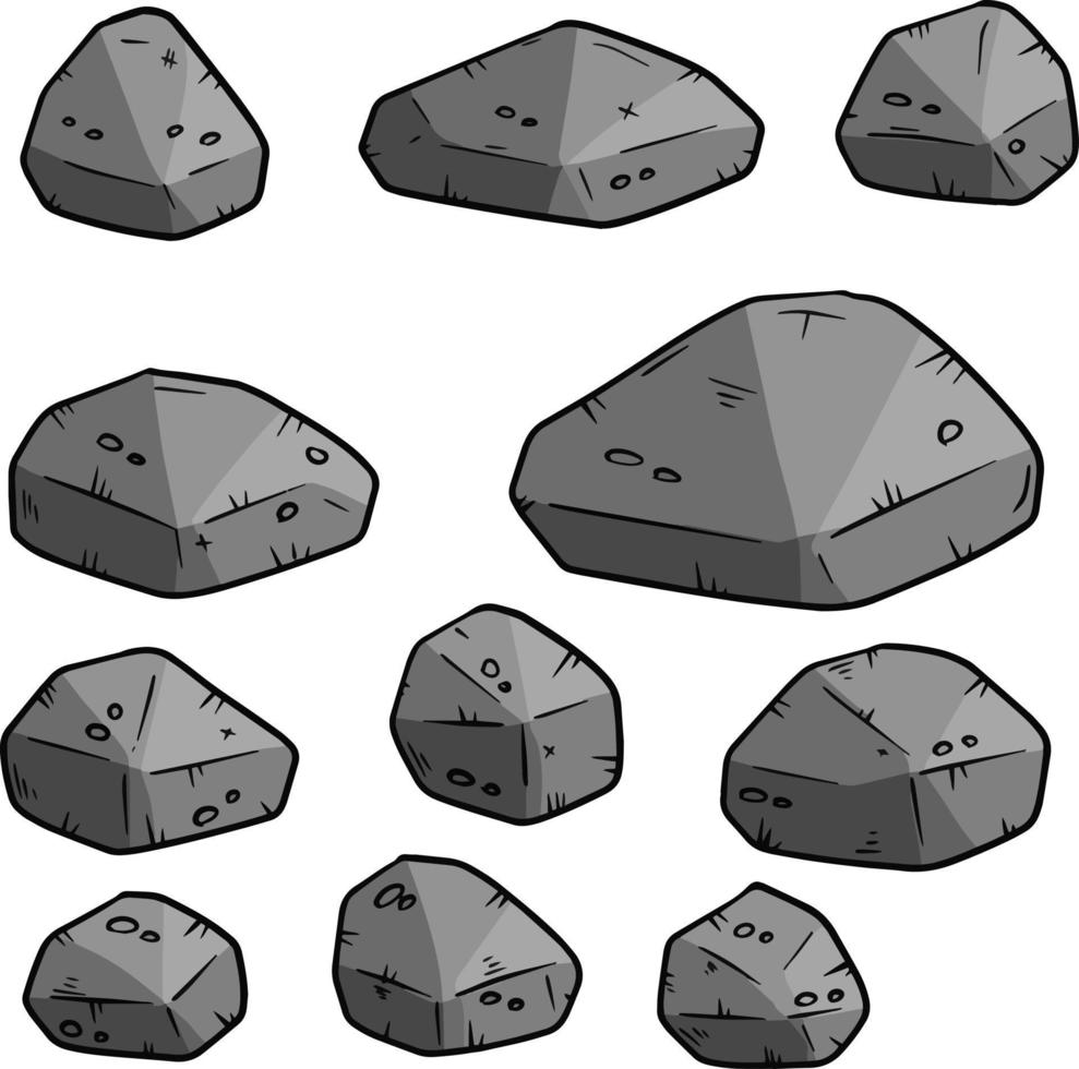 set di pietre di granito grigio di diverse forme. elemento della natura, montagne, rocce, grotte. minerali, masso e ciottoli isolati su bianco vettore