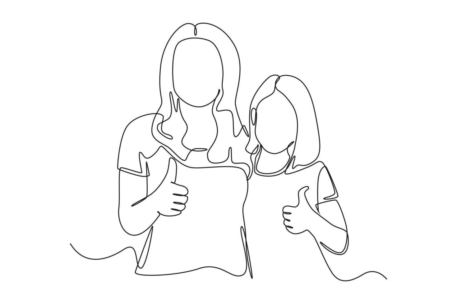 continuo uno linea disegno mammina e figlia hold pollice dita sollevato su. raccolta adolescenti concetto. singolo linea disegnare design vettore grafico illustrazione.