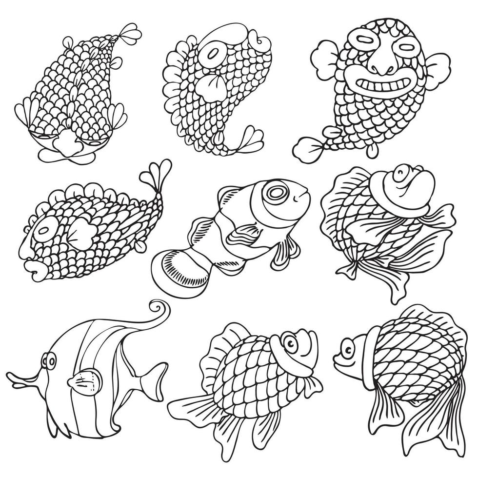 pesce animale cartone animato, vettore, scarabocchio, linea arte stile vettore