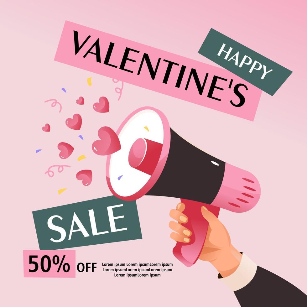 San Valentino giorno saldi. sconto buono, regalo voucher; tagliando. mano hold megafono. un' altoparlante con cuori e coriandoli. vettore modello per volantini, ragnatela banner e sociale Rete messaggi.