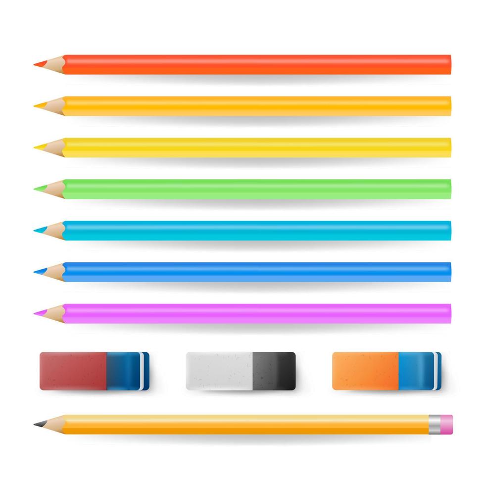 colorato matite isolato impostato vettore. realistico gomma per cancellare e scuola utensili pastelli isolato su bianca illustrazione vettore