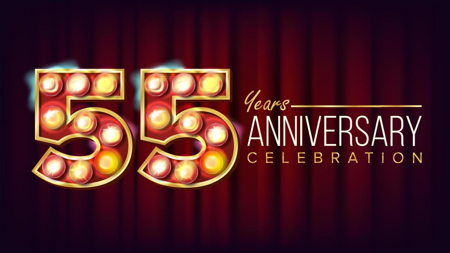 55 anni anniversario bandiera vettore. cinquantacinque, cinquantacinquesimo celebrazione. splendente leggero cartello numero. per festa, striscione, distintivo design. classico rosso sfondo illustrazione vettore