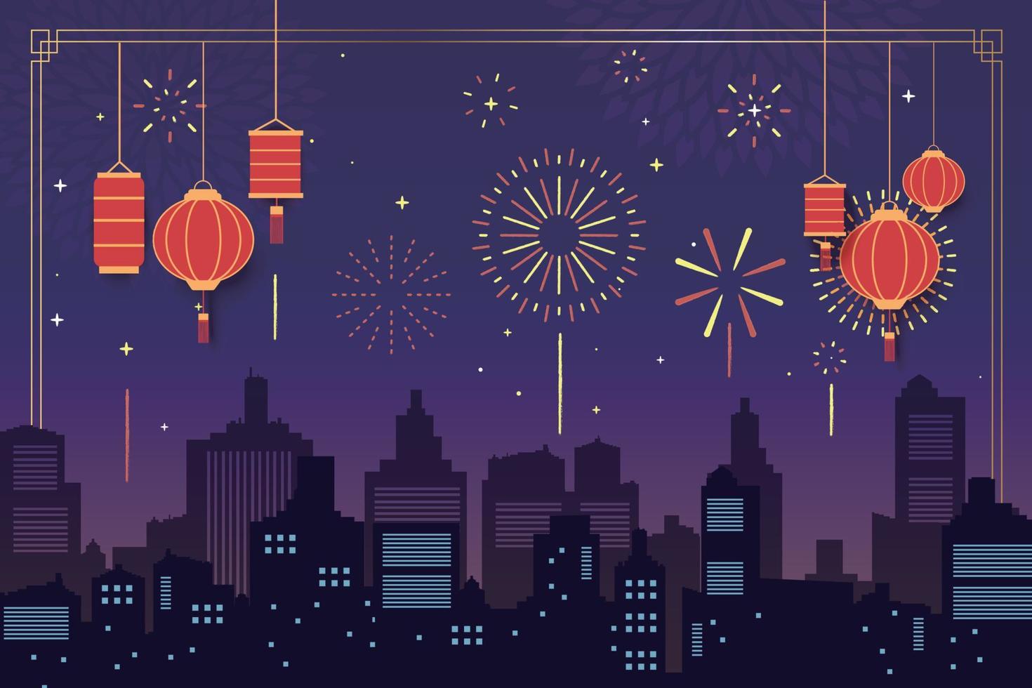 Cinese vacanza celebrazione panorama con fuoco d'artificio mostrare città sfondo design. vettore