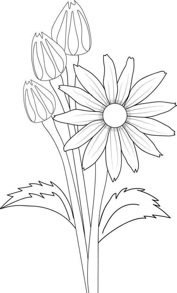nero e bianca schema vettore colorazione libro pagina per adulti e bambini fiori girasole dagli occhi neri susun con le foglie.