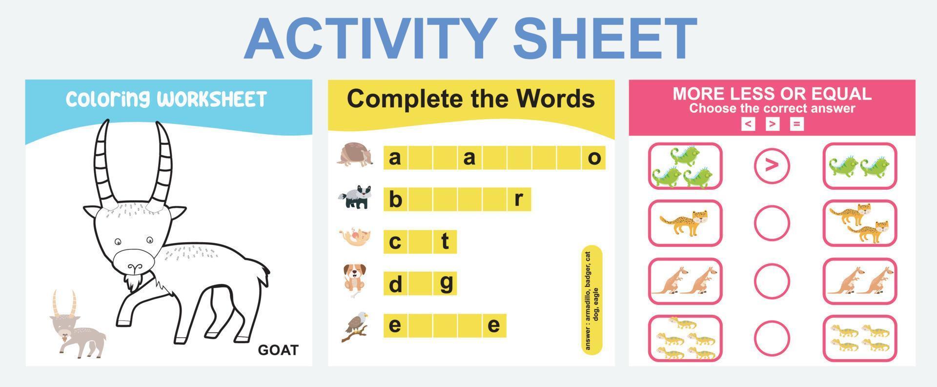 educativo stampabile foglio di lavoro. attività foglio per bambini con animale tema. colorazione foglio, completare il parole, Di Più o Di meno attività. vettore file.