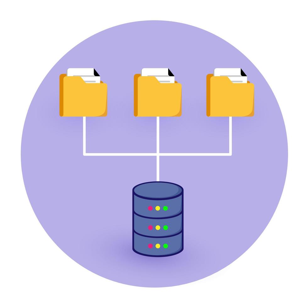 memorizzazione dati nel il Banca dati. file di riserva concetto. azienda deposito. Banca dati accesso concetto. il File collegato per Banca dati isolato su viola sfondo. vettore piatto design illustrazione.